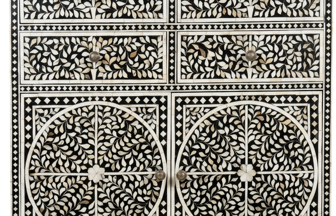 Mother of Pearl Inlay Black & White 4-Drawer 2-Door Cabinet