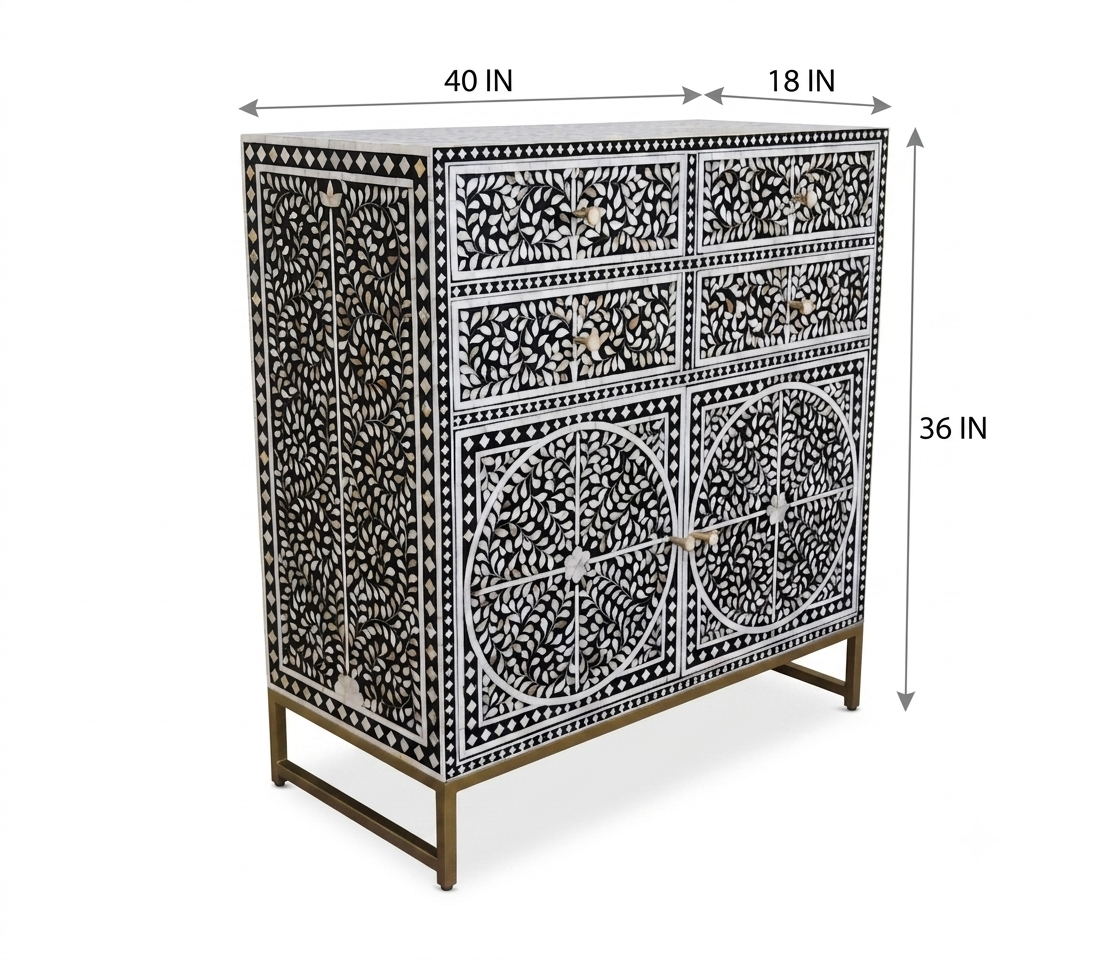 Mother of Pearl Inlay Black & White 4-Drawer 2-Door Cabinet