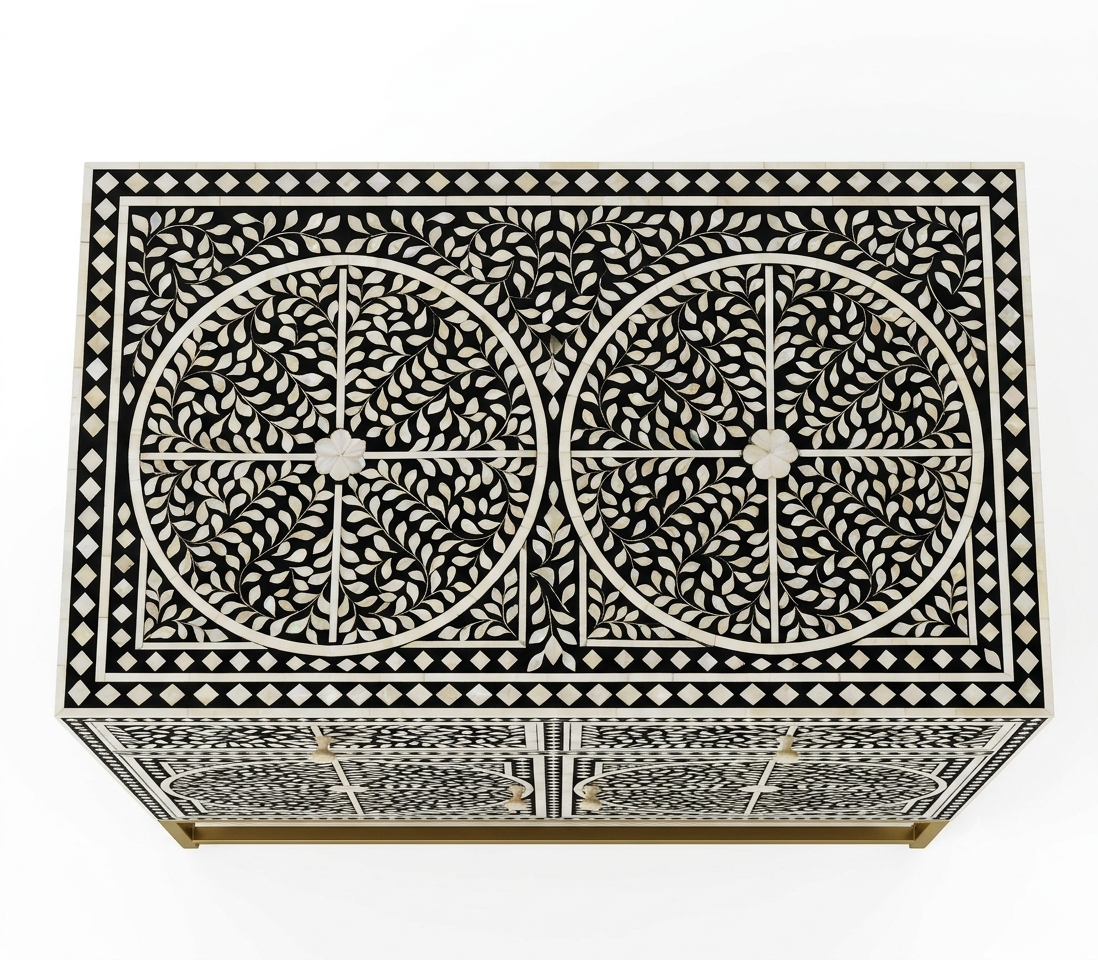 Mother of Pearl Inlay Black & White 4-Drawer 2-Door Cabinet