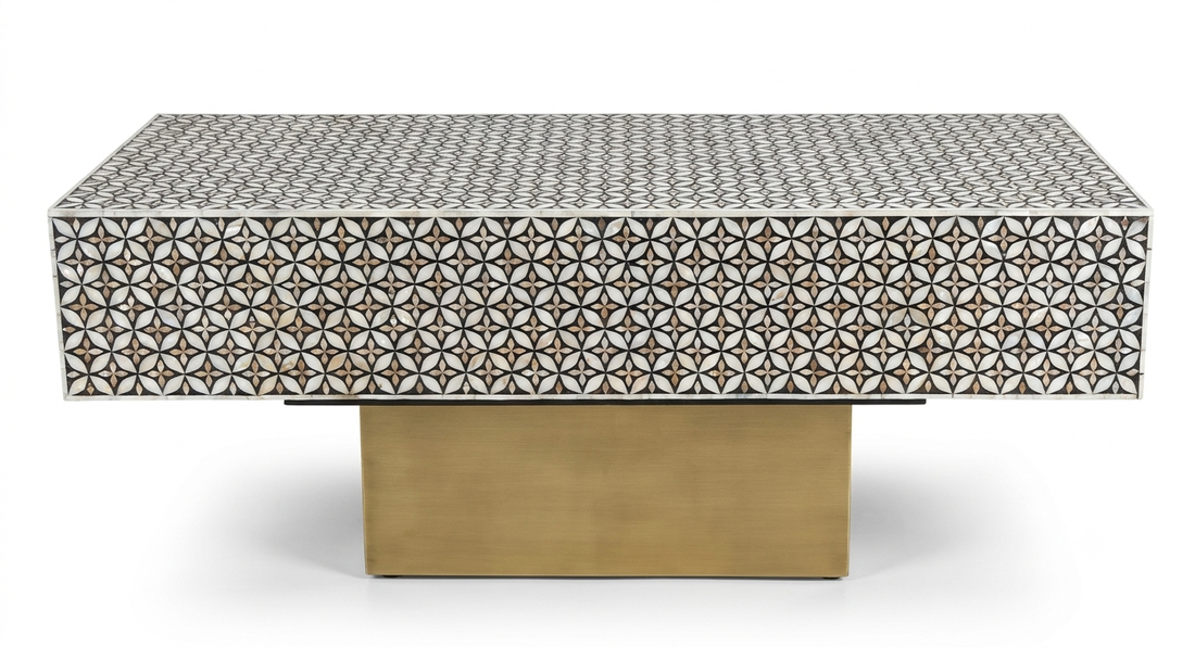 Mother of Pearl Inlay Brown & White Center Table with Brass Stand