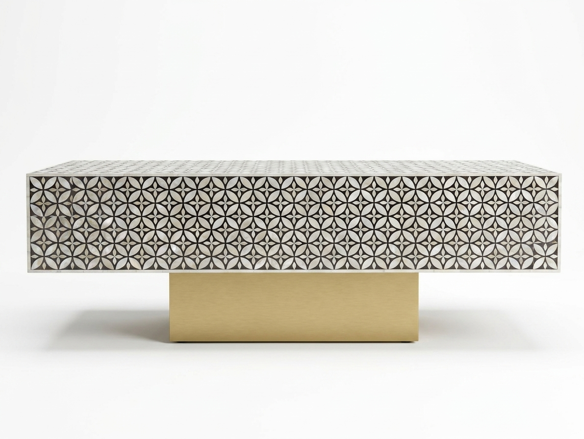Mother of Pearl Inlay Brown & White Center Table with Brass Stand