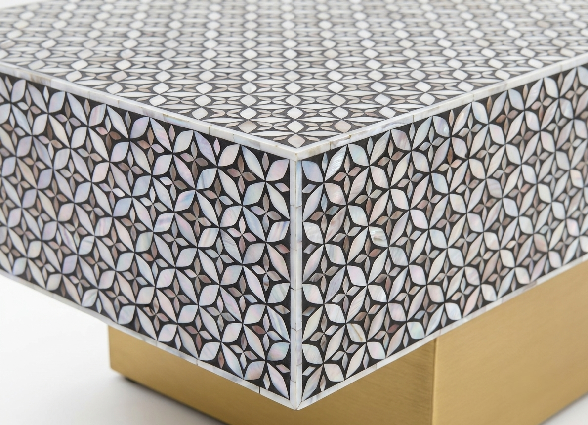 Mother of Pearl Inlay Brown & White Center Table with Brass Stand