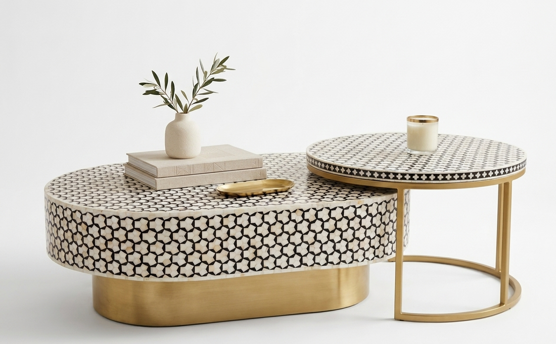 Mother of Pearl Inlay Oval Coffee Table Set of 2 – Black & White with Brass Base