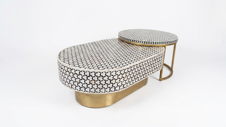 Mother of Pearl Inlay Oval Coffee Table Set of 2 – Black & White with Brass Base