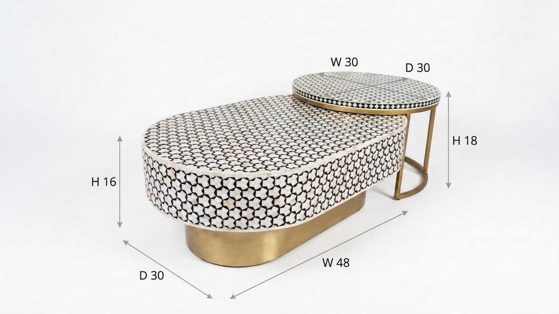 Mother of Pearl Inlay Oval Coffee Table Set of 2 – Black & White with Brass Base