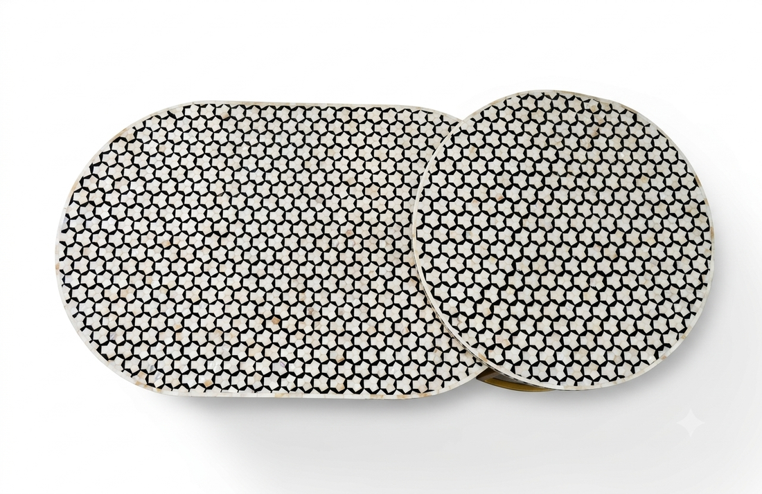 Mother of Pearl Inlay Oval Coffee Table Set of 2 – Black & White with Brass Base