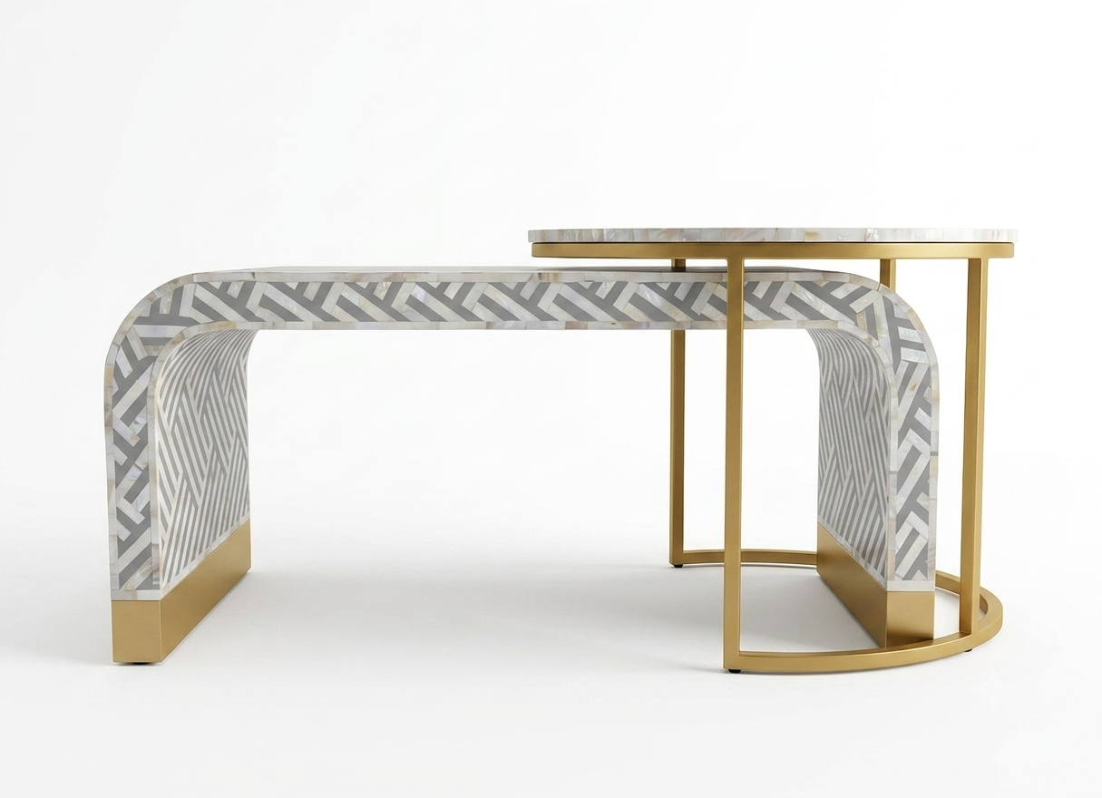 Grey Mother of Pearl Inlay 2-Piece Coffee Table Set with Nesting Table
