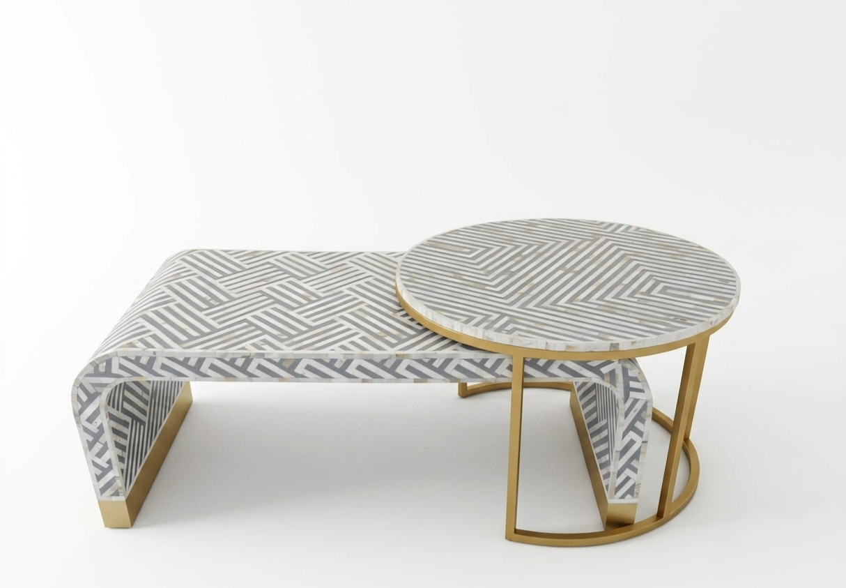 Grey Mother of Pearl Inlay 2-Piece Coffee Table Set with Nesting Table