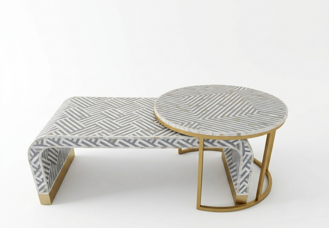 Grey Mother of Pearl Inlay 2-Piece Coffee Table Set with Nesting Table