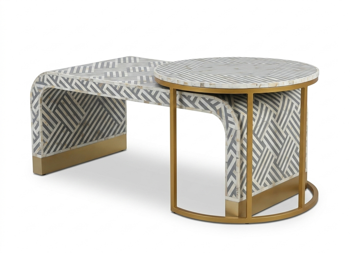 Grey Mother of Pearl Inlay 2-Piece Coffee Table Set with Nesting Table