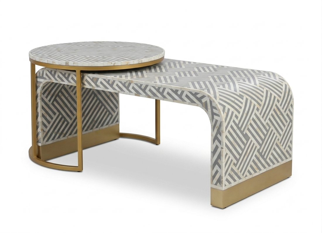 Grey Mother of Pearl Inlay 2-Piece Coffee Table Set with Nesting Table