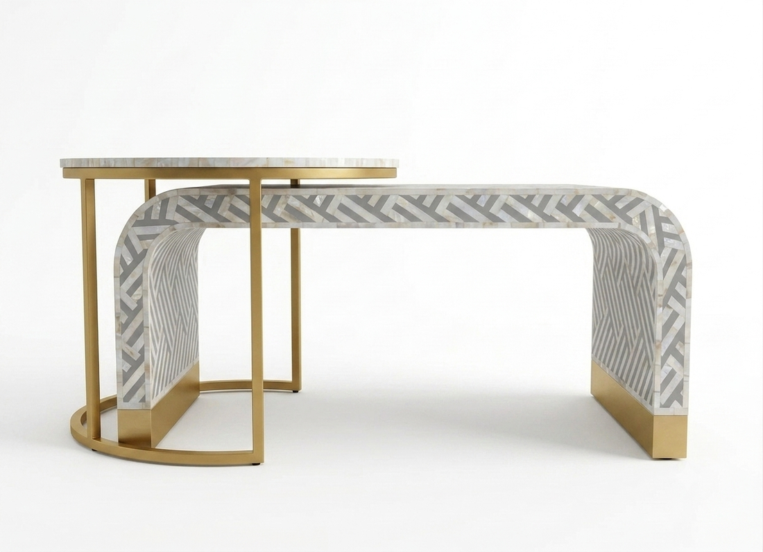 Grey Mother of Pearl Inlay 2-Piece Coffee Table Set with Nesting Table