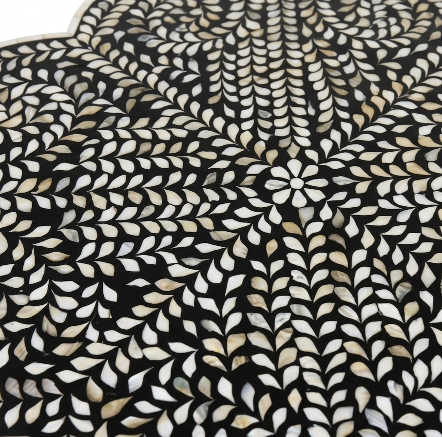 Mother of Pearl Inlay Black & White Floral Coffee Table with Gold Powder-Coated Stand