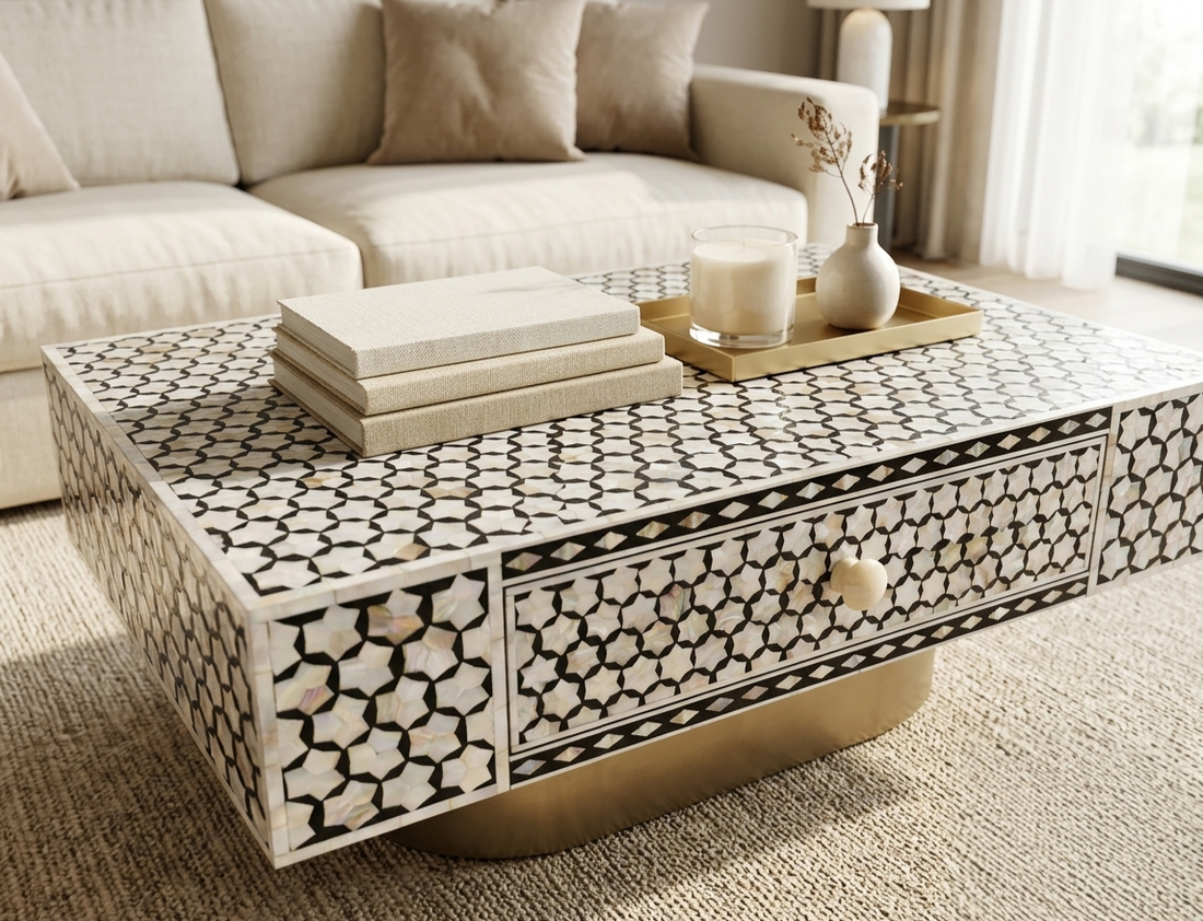 Mother of Pearl Inlay Targua Design Coffee Table – Black & White with Brass Base