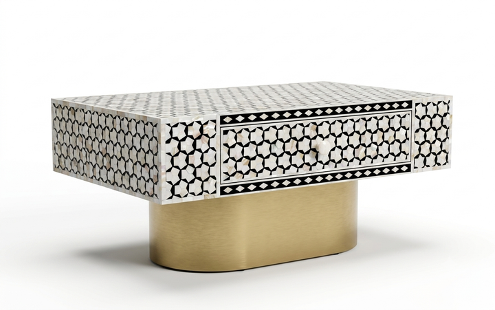 Mother of Pearl Inlay Targua Design Coffee Table – Black & White with Brass Base