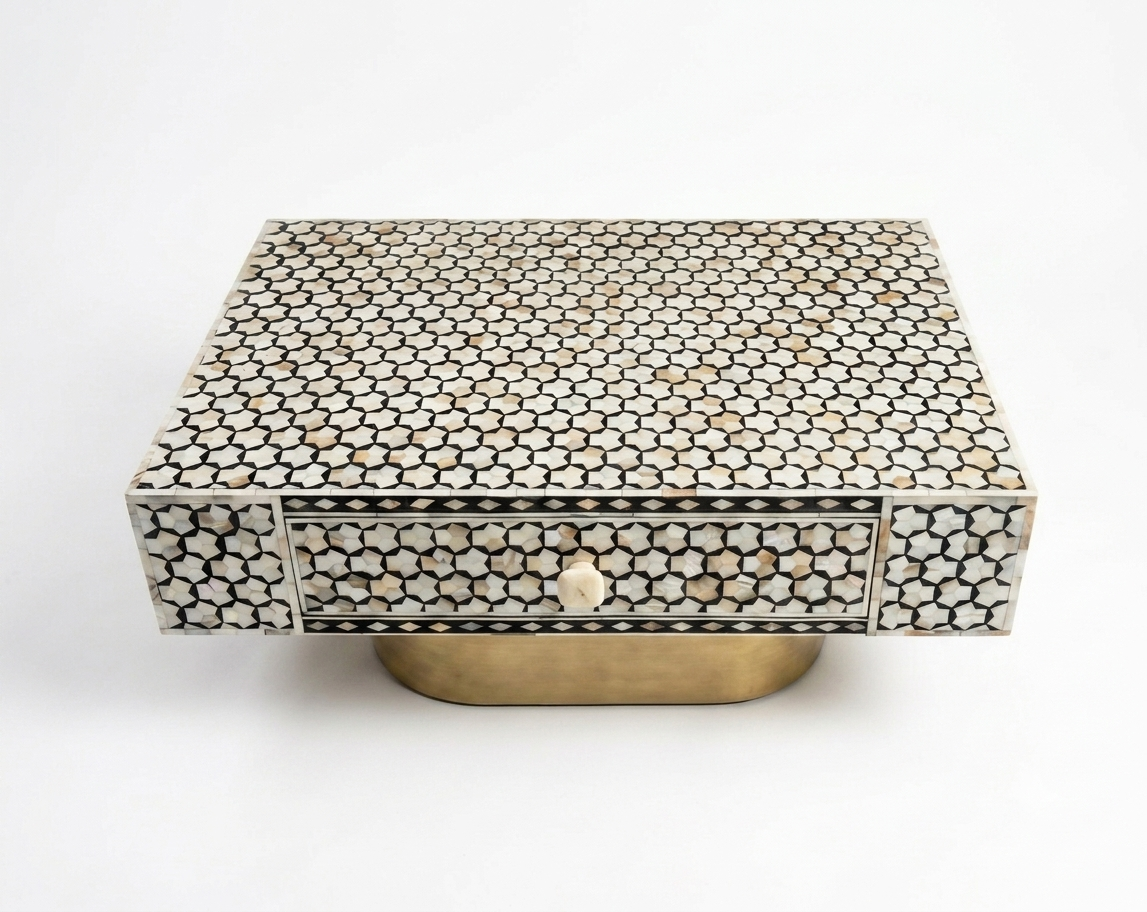 Mother of Pearl Inlay Targua Design Coffee Table – Black & White with Brass Base