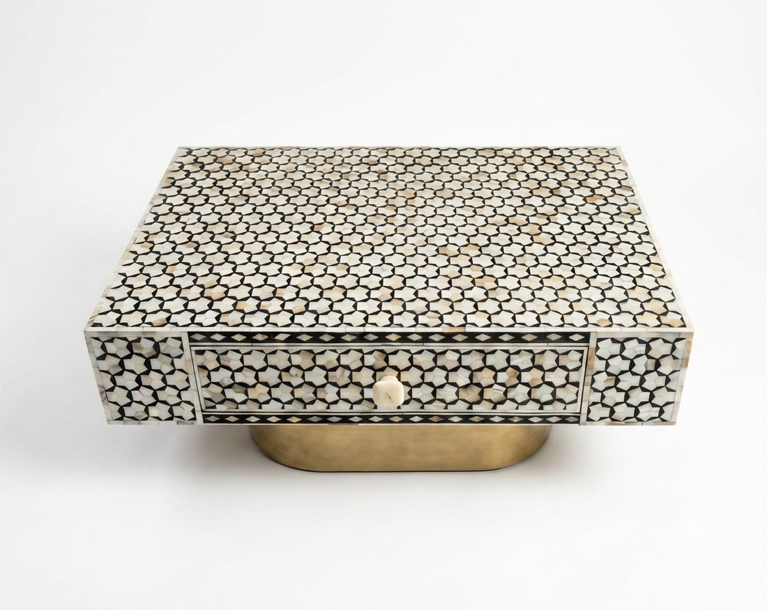Mother of Pearl Inlay Targua Design Coffee Table – Black & White with Brass Base