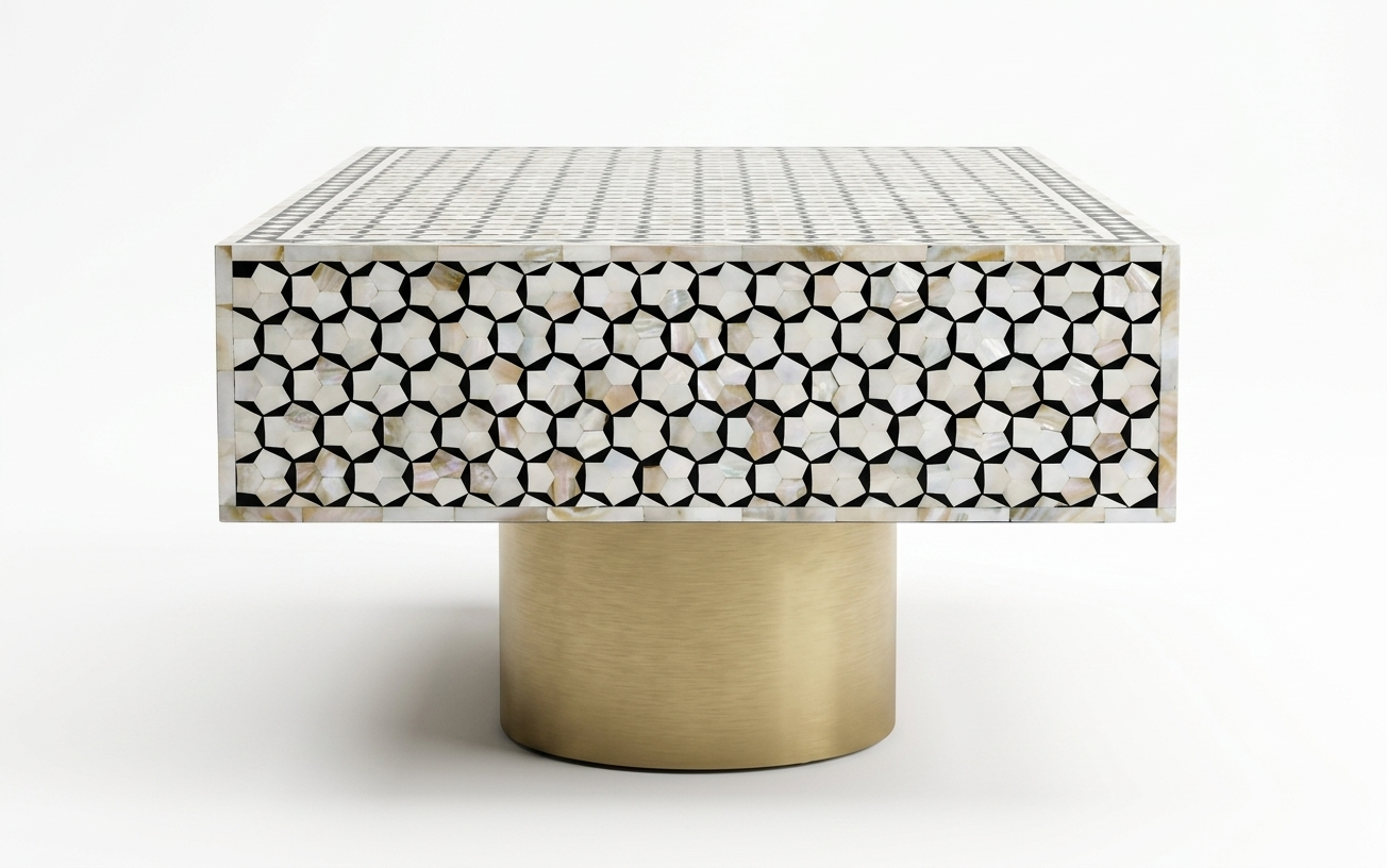 Mother of Pearl Inlay Targua Design Coffee Table – Black & White with Brass Base