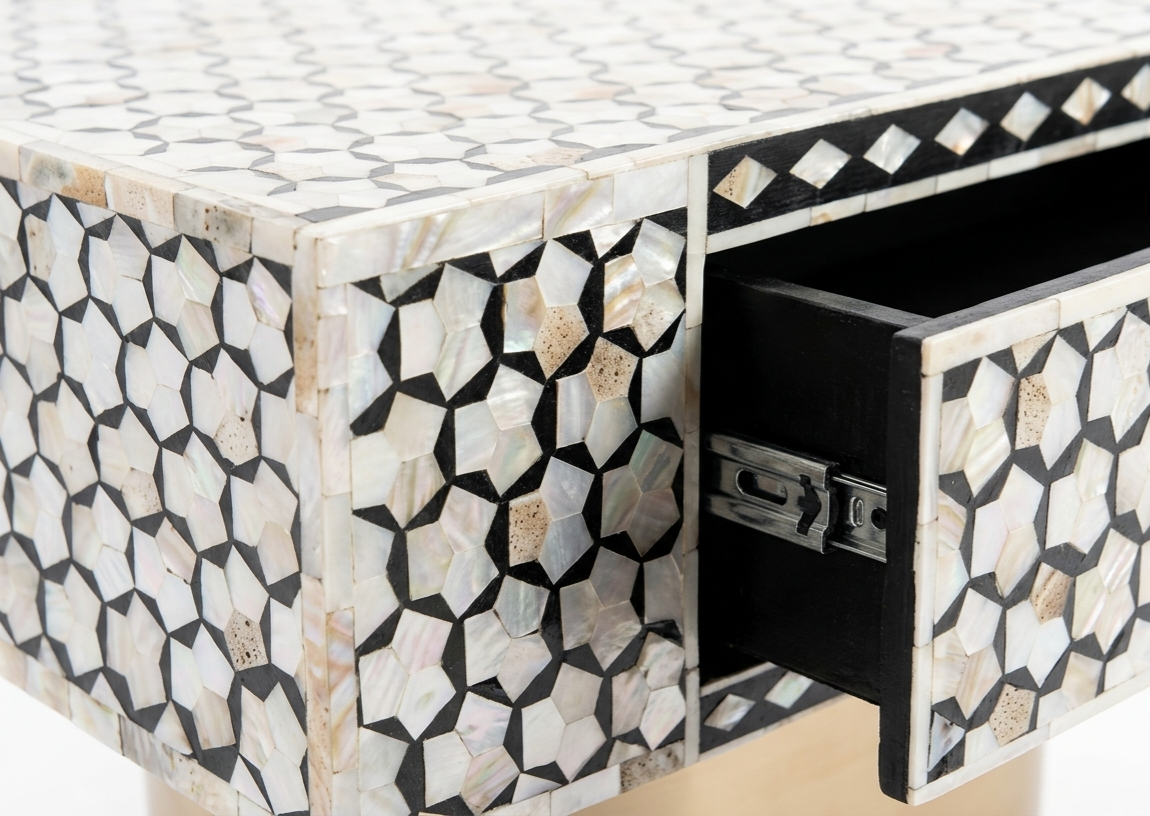 Mother of Pearl Inlay Targua Design Coffee Table – Black & White with Brass Base