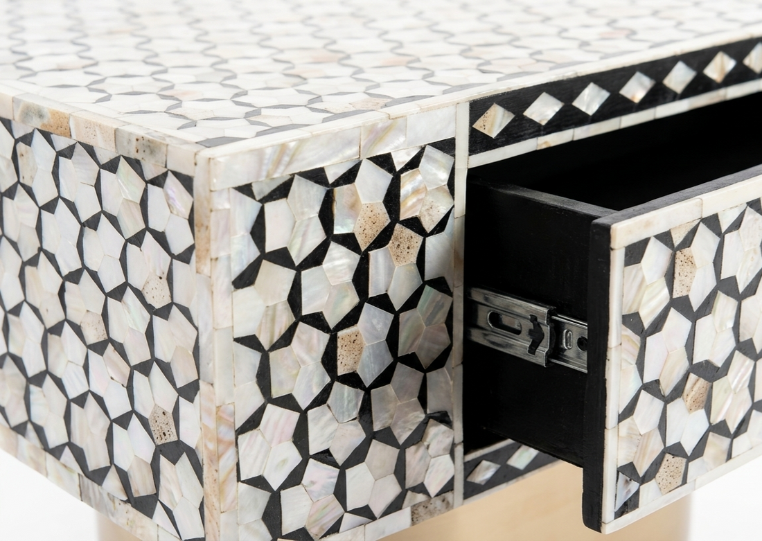 Mother of Pearl Inlay Targua Design Coffee Table – Black & White with Brass Base