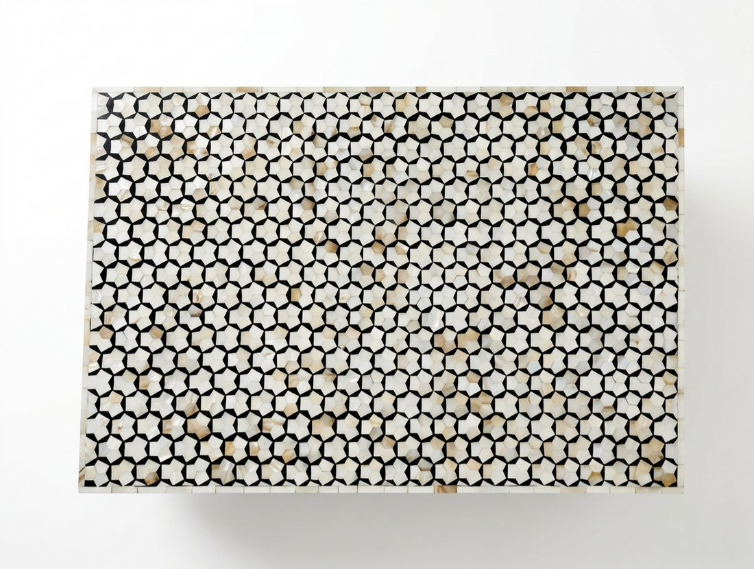 Mother of Pearl Inlay Targua Design Coffee Table – Black & White with Brass Base
