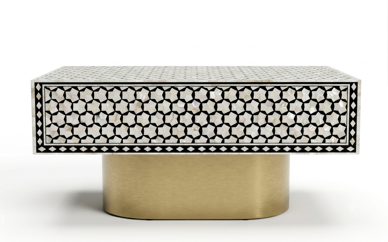Mother of Pearl Inlay Targua Design Coffee Table – Black & White with Brass Base