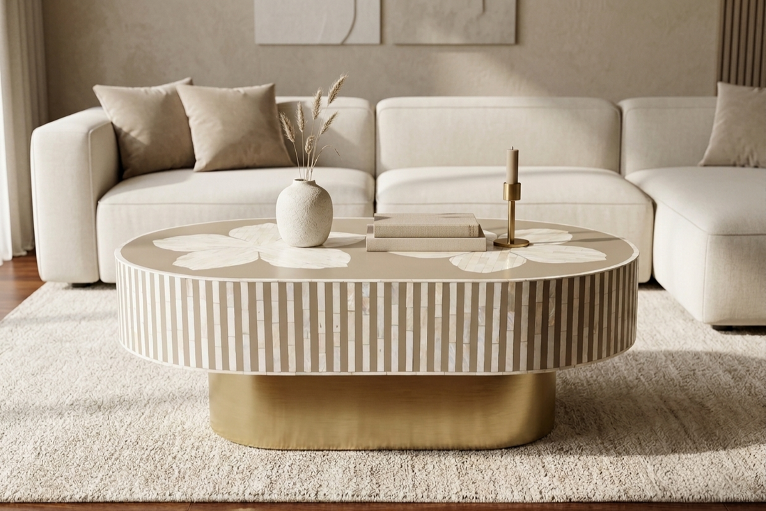 Luxury Bone Inlay Oval Coffee Table with Brass Base – Brown Floral Design Handmade Center Table