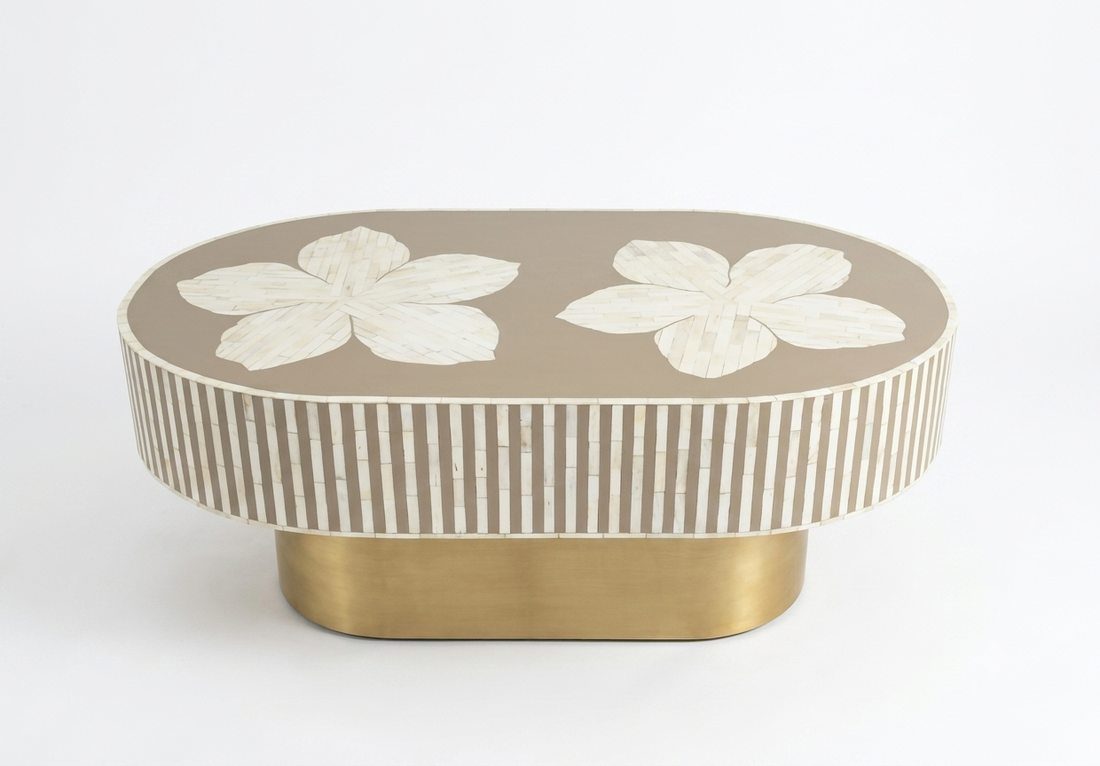 Luxury Bone Inlay Oval Coffee Table with Brass Base – Brown Floral Design Handmade Center Table