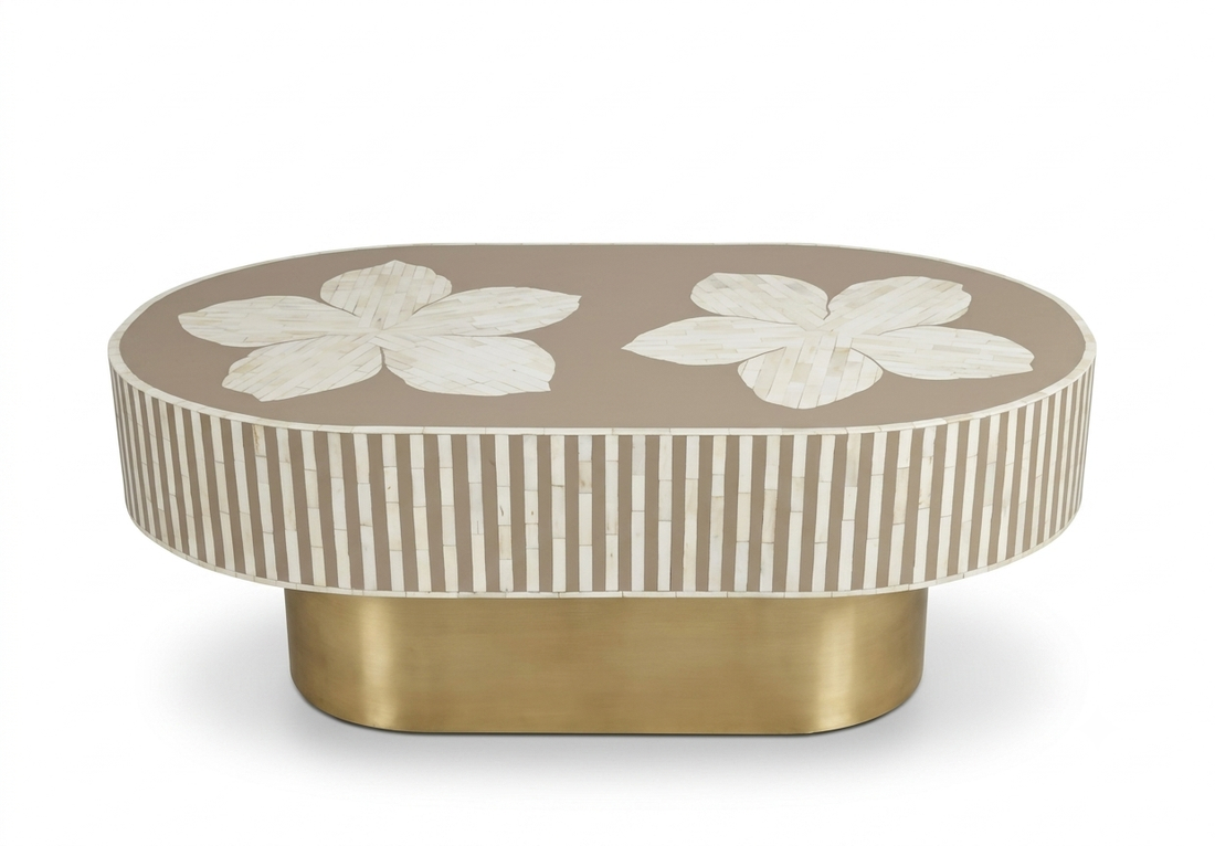 Luxury Bone Inlay Oval Coffee Table with Brass Base – Brown Floral Design Handmade Center Table
