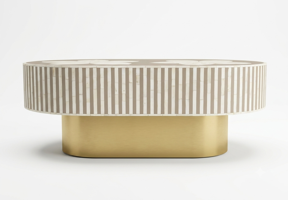 Luxury Bone Inlay Oval Coffee Table with Brass Base – Brown Floral Design Handmade Center Table