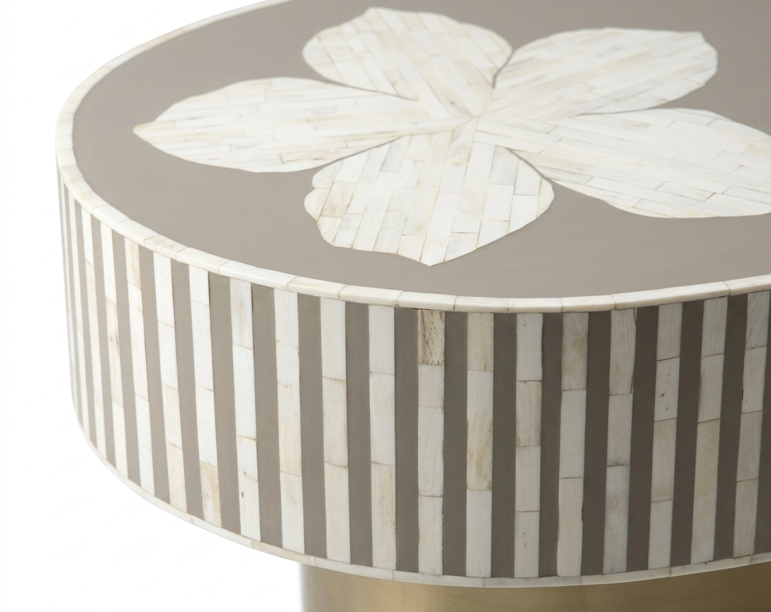 Luxury Bone Inlay Oval Coffee Table with Brass Base – Brown Floral Design Handmade Center Table