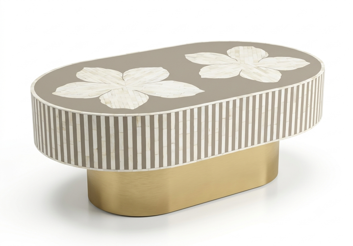 Luxury Bone Inlay Oval Coffee Table with Brass Base – Brown Floral Design Handmade Center Table