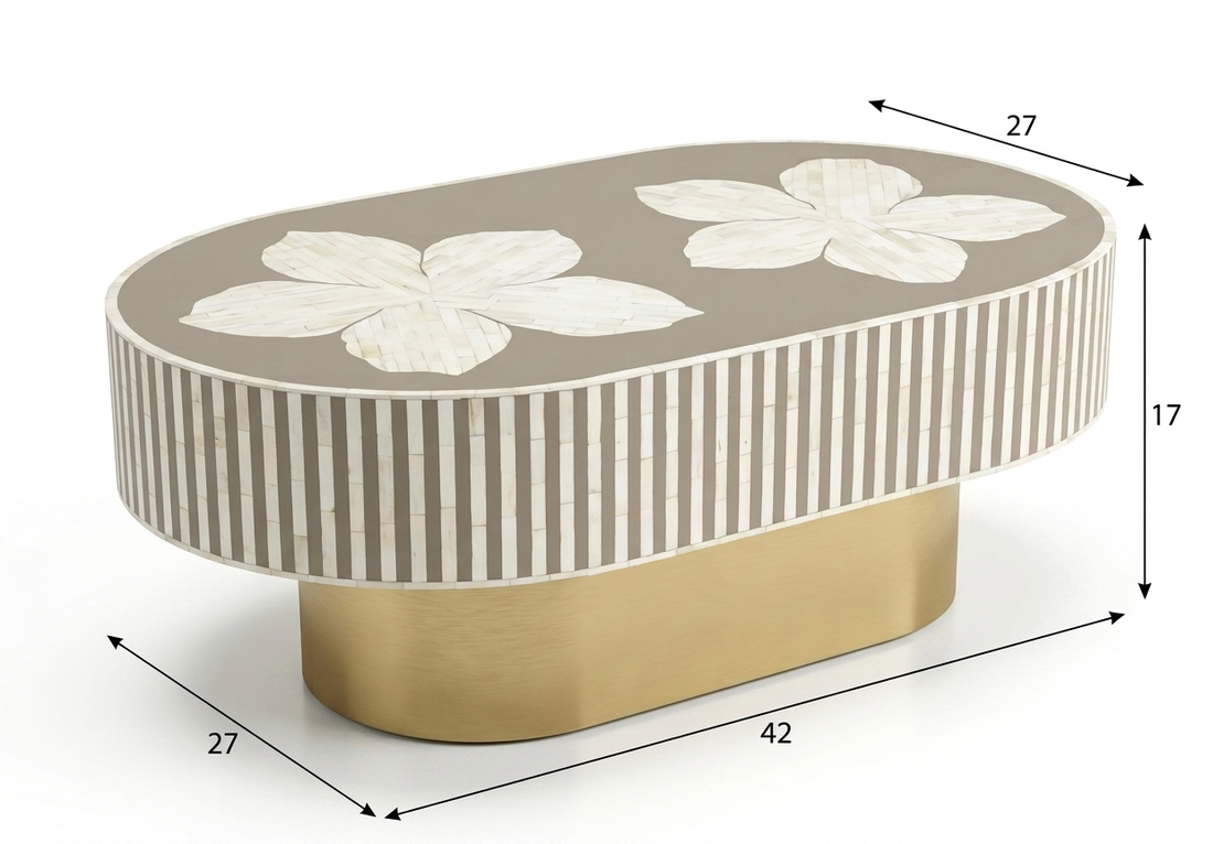 Luxury Bone Inlay Oval Coffee Table with Brass Base – Brown Floral Design Handmade Center Table