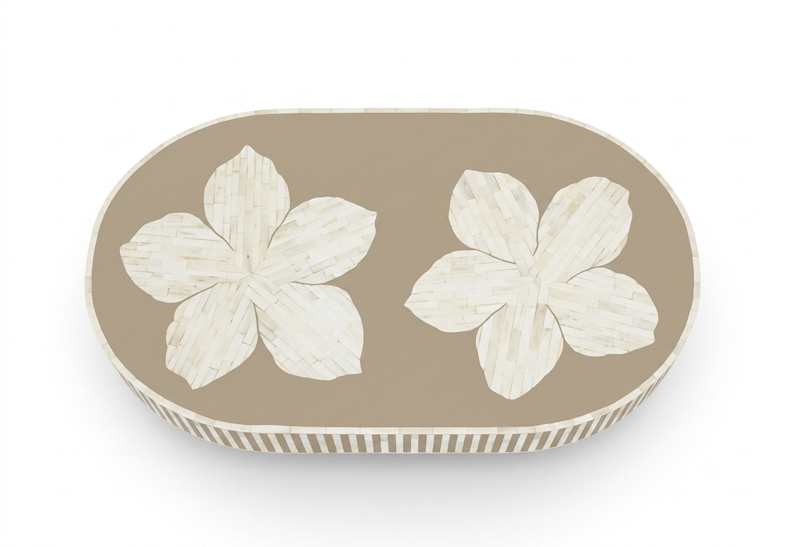 Luxury Bone Inlay Oval Coffee Table with Brass Base – Brown Floral Design Handmade Center Table
