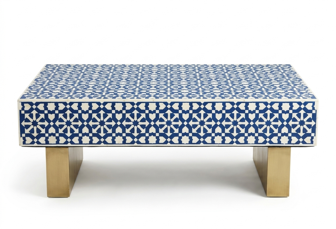 Blue & White Moroccan Bone Inlay Rectangle Coffee Table with Brass Legs