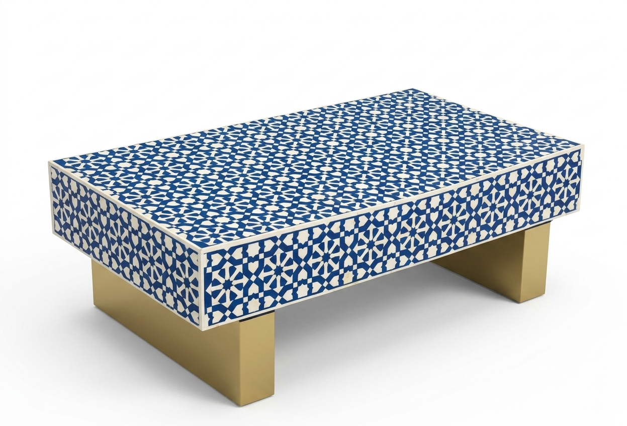 Blue & White Moroccan Bone Inlay Rectangle Coffee Table with Brass Legs