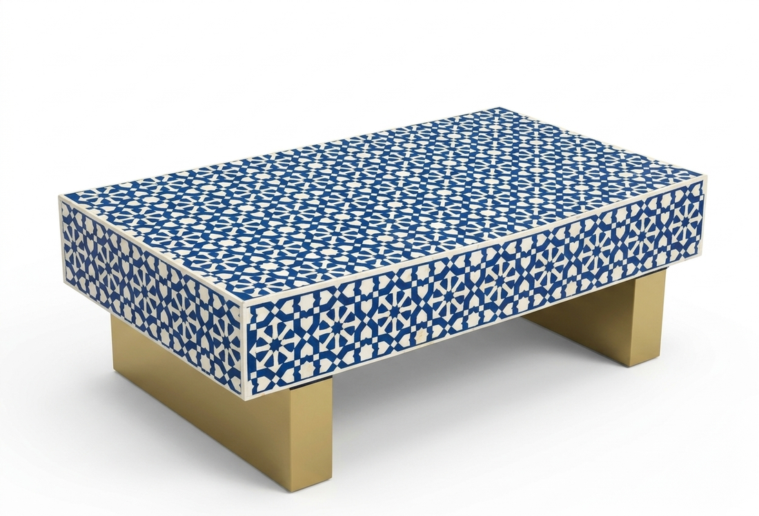 Blue & White Moroccan Bone Inlay Rectangle Coffee Table with Brass Legs