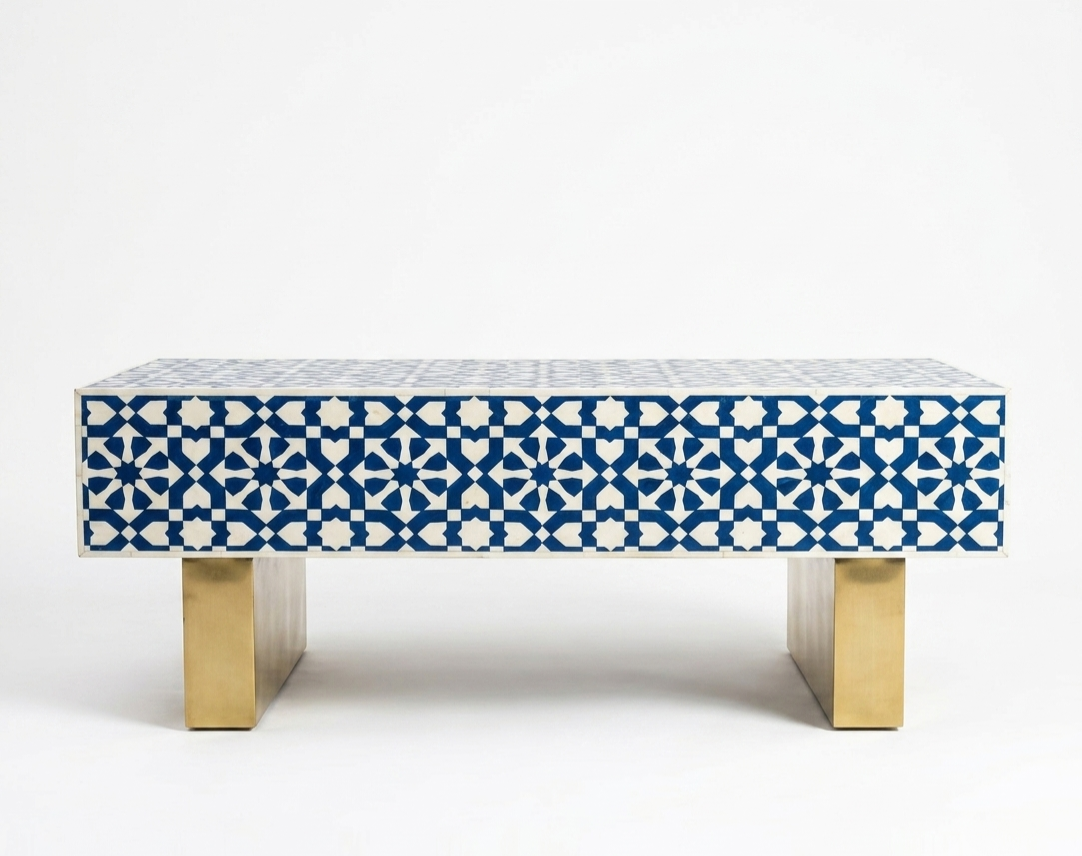 Blue & White Moroccan Bone Inlay Rectangle Coffee Table with Brass Legs