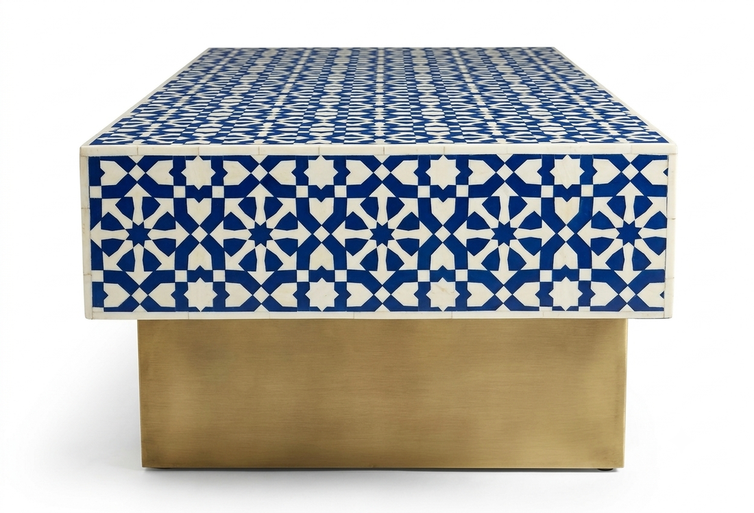 Blue & White Moroccan Bone Inlay Rectangle Coffee Table with Brass Legs