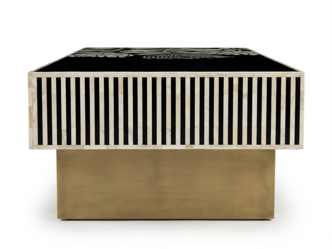Black & White Mother of Pearl Inlay Rectangular Coffee Table with Brass Legs | W51 x D27 x H17