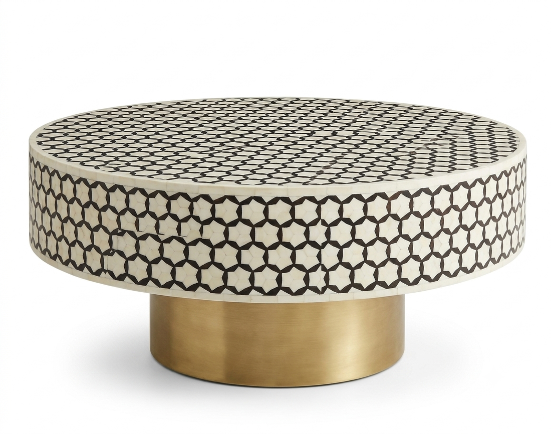 Black Bone Inlay Targua Round Coffee Table with Brass Base | Handmade Luxury Coffee Table