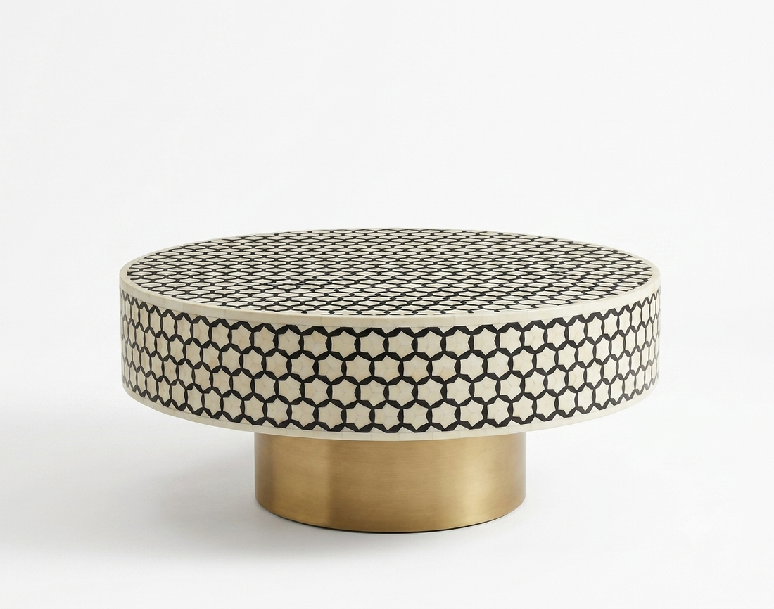 Black Bone Inlay Targua Round Coffee Table with Brass Base | Handmade Luxury Coffee Table