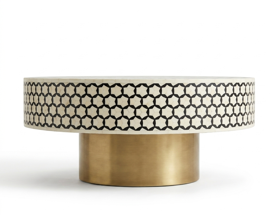 Black Bone Inlay Targua Round Coffee Table with Brass Base | Handmade Luxury Coffee Table