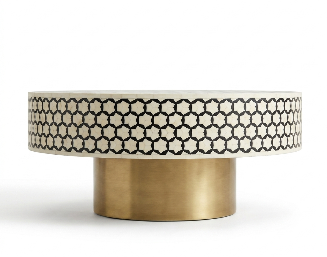 Black Bone Inlay Targua Round Coffee Table with Brass Base | Handmade Luxury Coffee Table