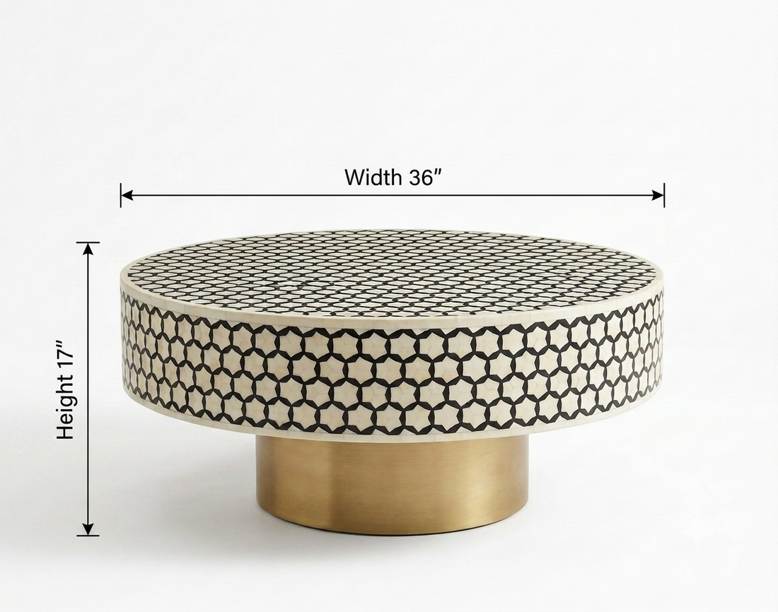 Black Bone Inlay Targua Round Coffee Table with Brass Base | Handmade Luxury Coffee Table