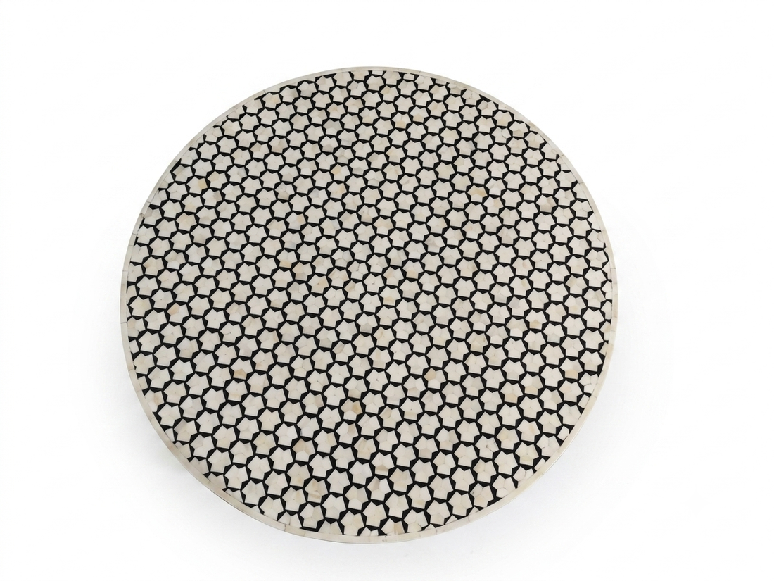 Black Bone Inlay Targua Round Coffee Table with Brass Base | Handmade Luxury Coffee Table