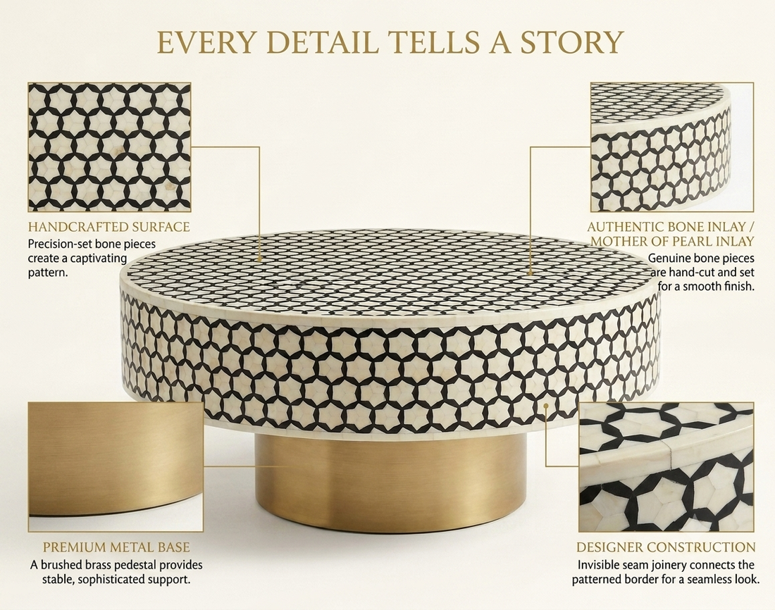 Black Bone Inlay Targua Round Coffee Table with Brass Base | Handmade Luxury Coffee Table