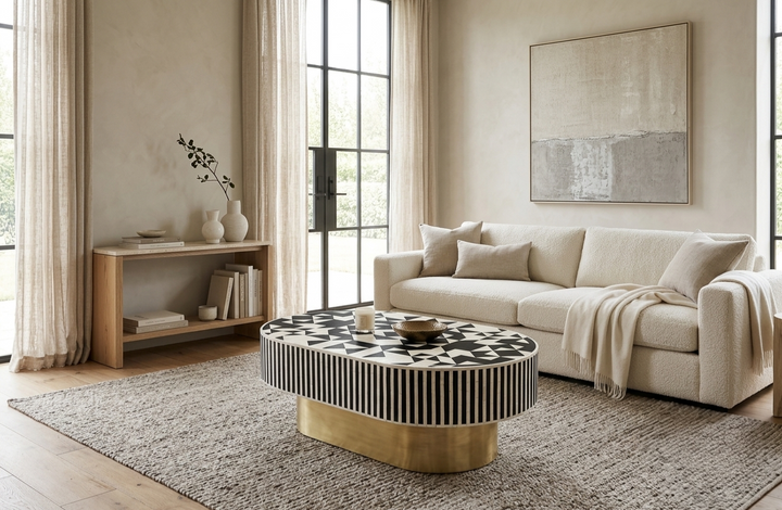 Bone Inlay Black & White Oval Coffee Table with Brass Base