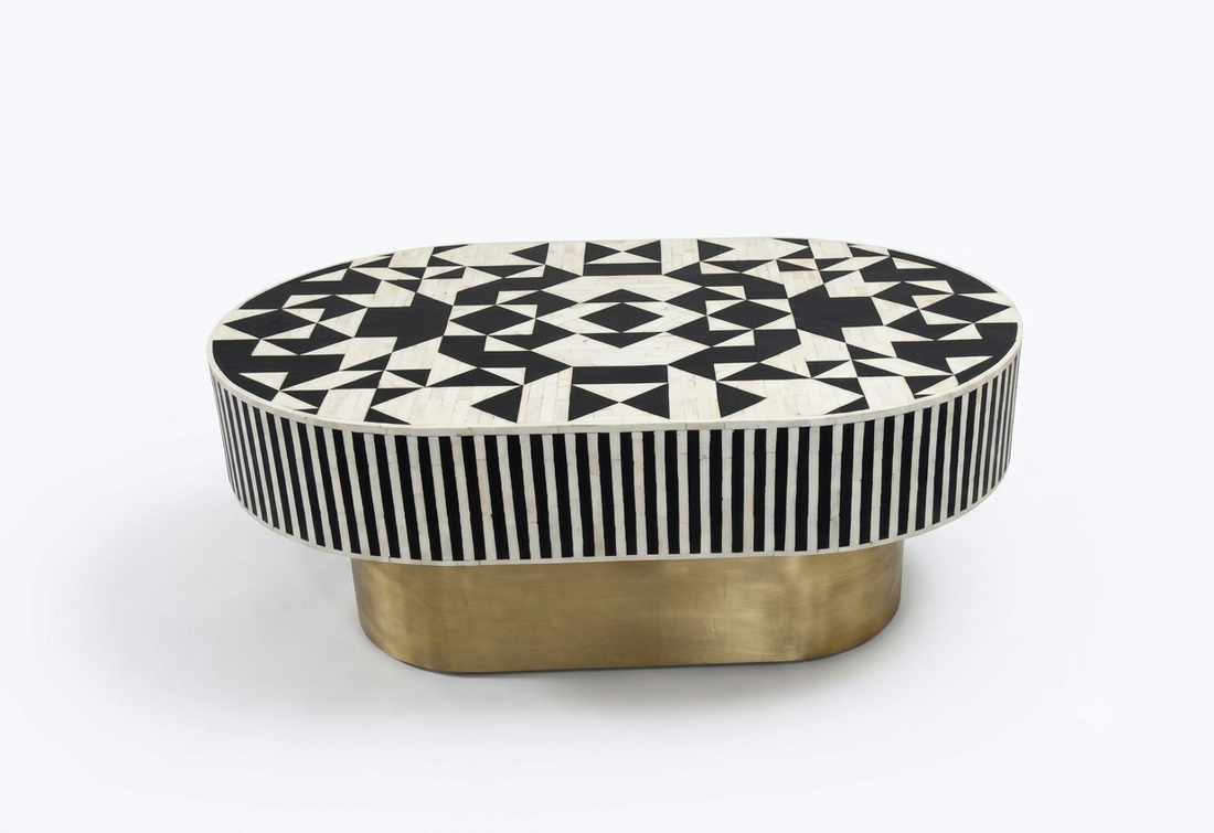 Bone Inlay Black & White Oval Coffee Table with Brass Base