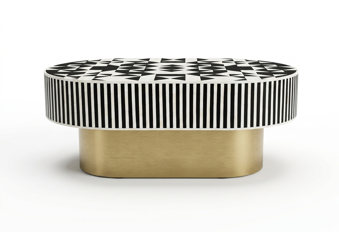 Bone Inlay Black & White Oval Coffee Table with Brass Base